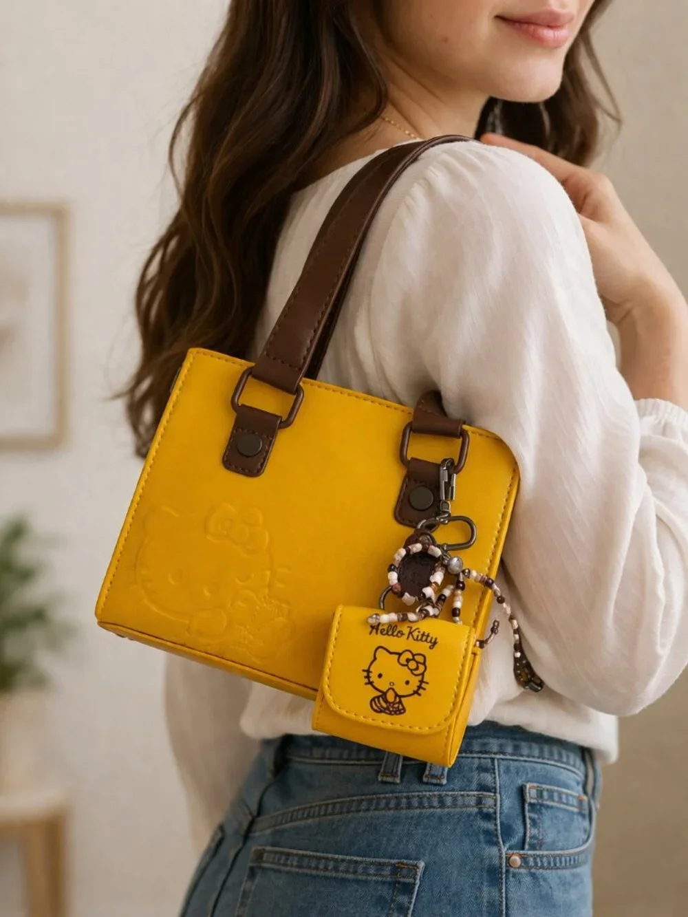 Mustard Yellow Handbag with Mini Coin Purse & Beaded Bow Charm